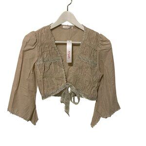 NWT Aryeh Beige Tie-Front Lace Trim Bell Sleeve Cotton Cardigan Jacket L #E-7-5-